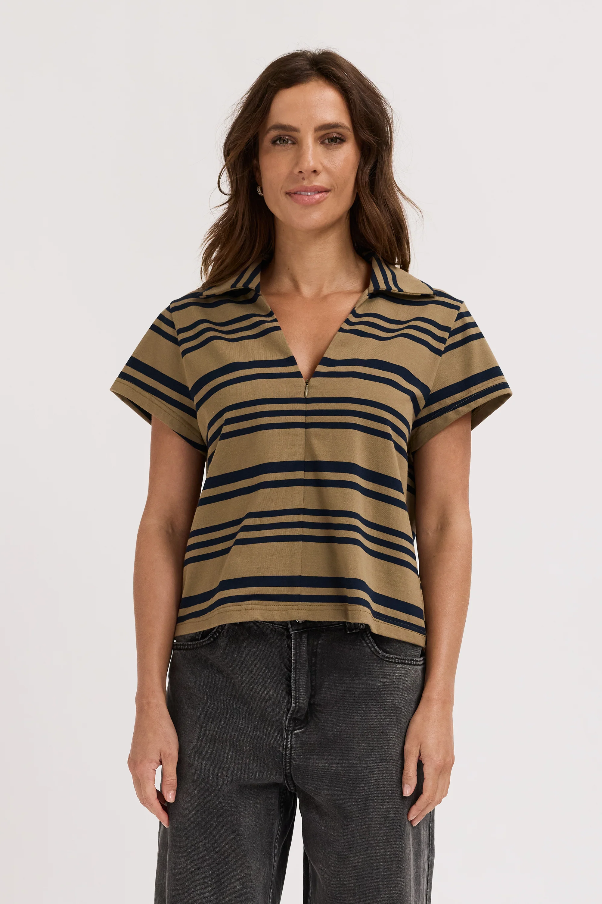 Alba Stripe Zip Front Tee - Khaki / Navy - Image 3