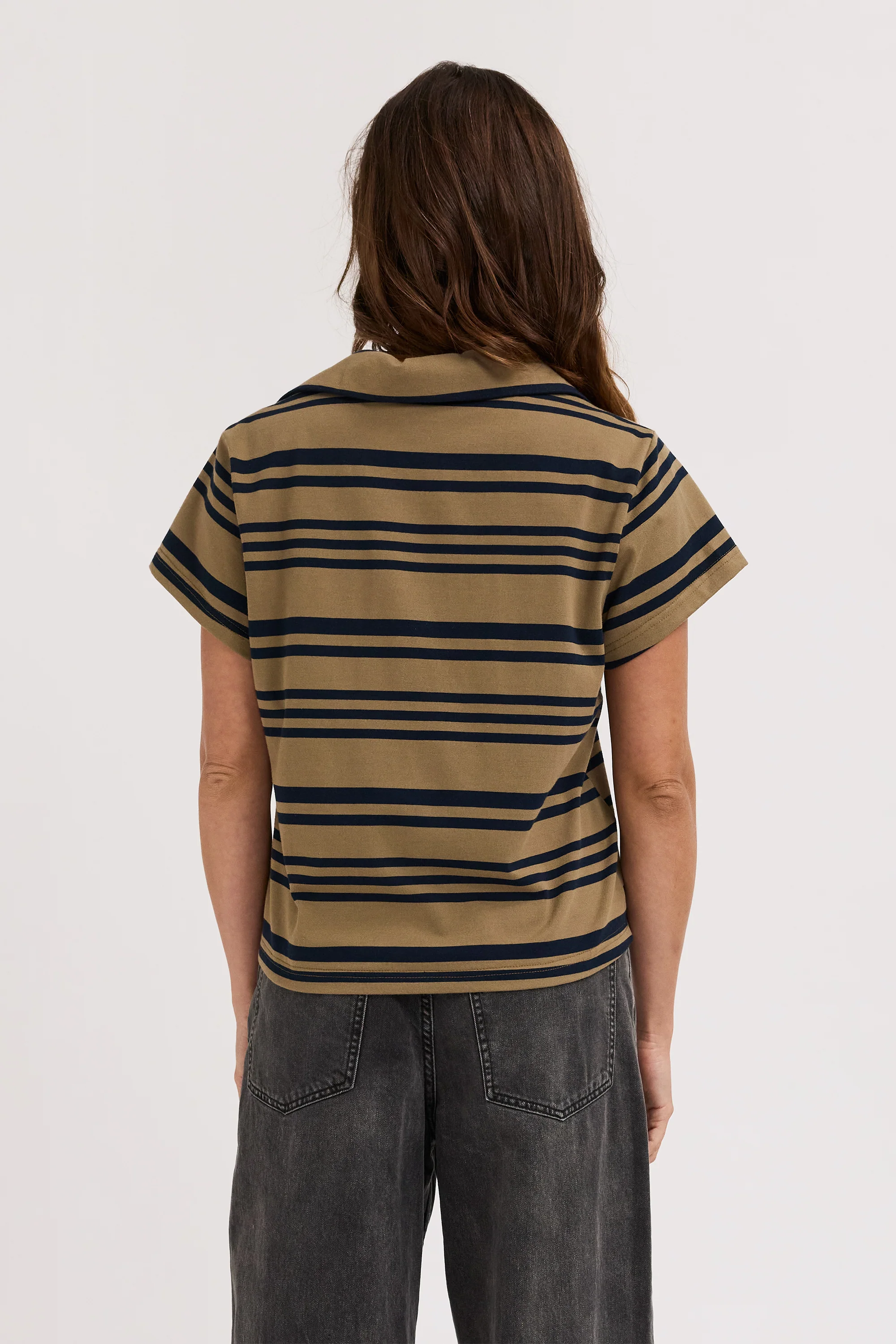 Alba Stripe Zip Front Tee - Khaki / Navy - Image 5