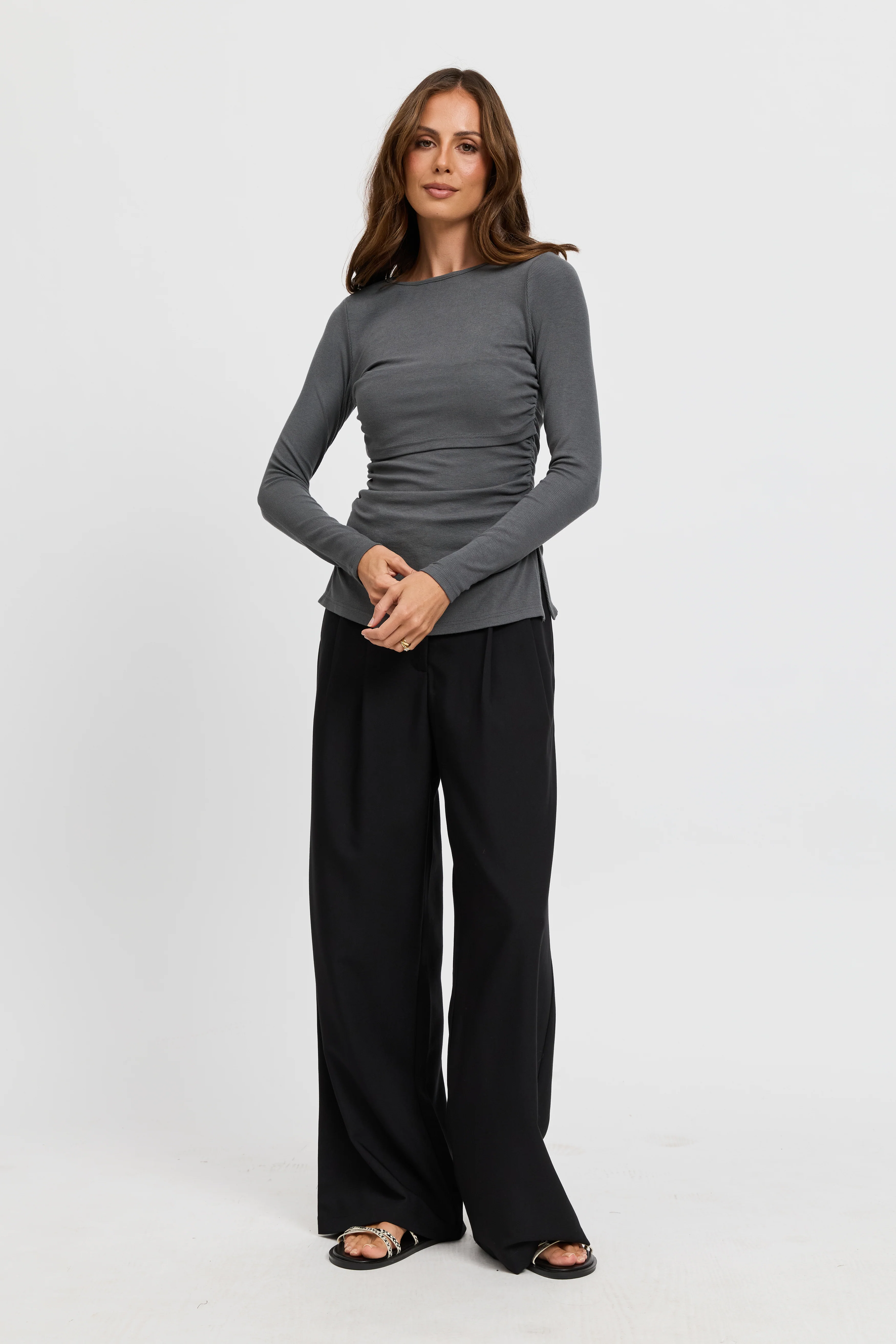 Ari Ribbed Long Sleeve Top - Charcoal