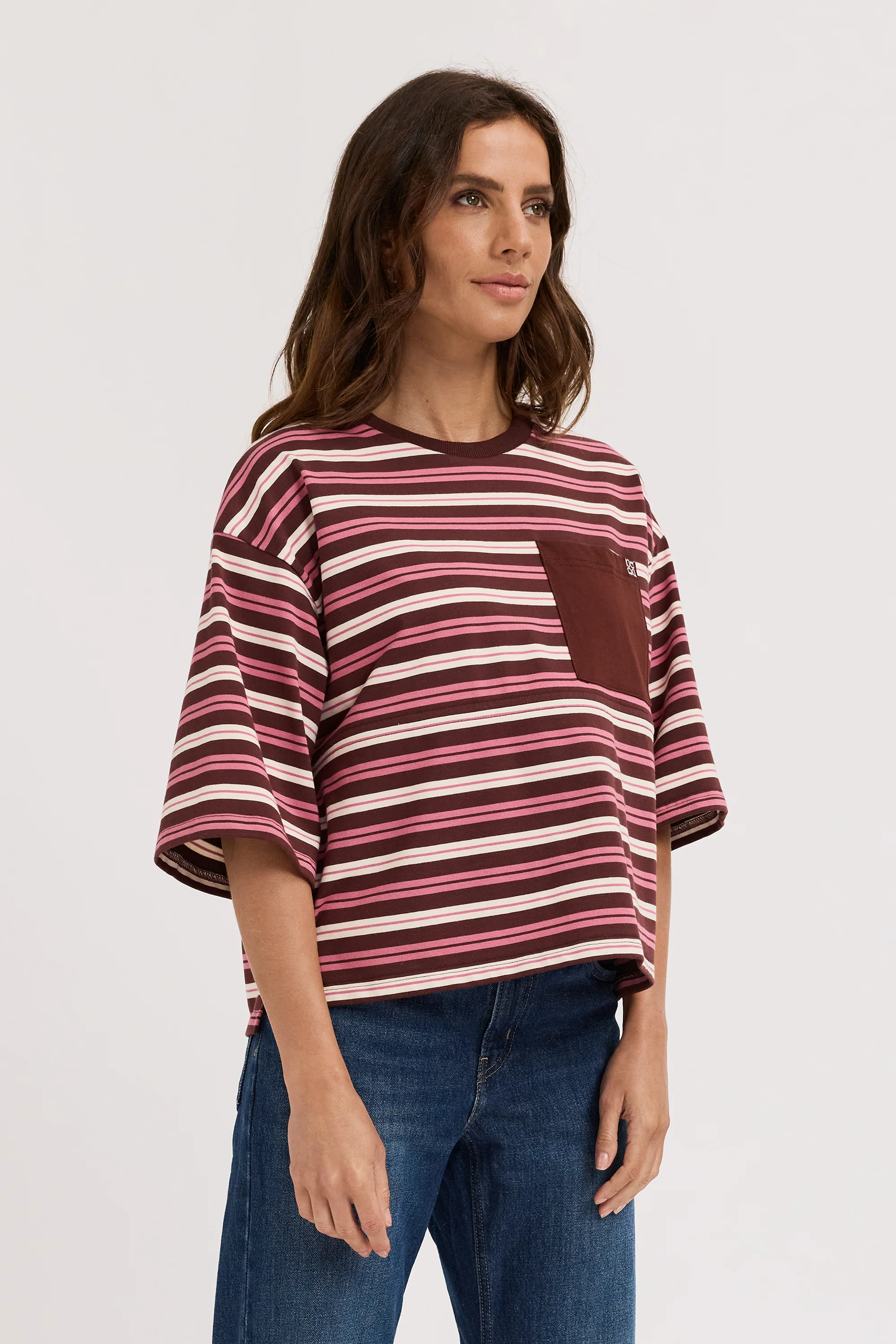 Brooklyn Stripe Slouch Panel Tee - Burgundy / Pink - Image 4
