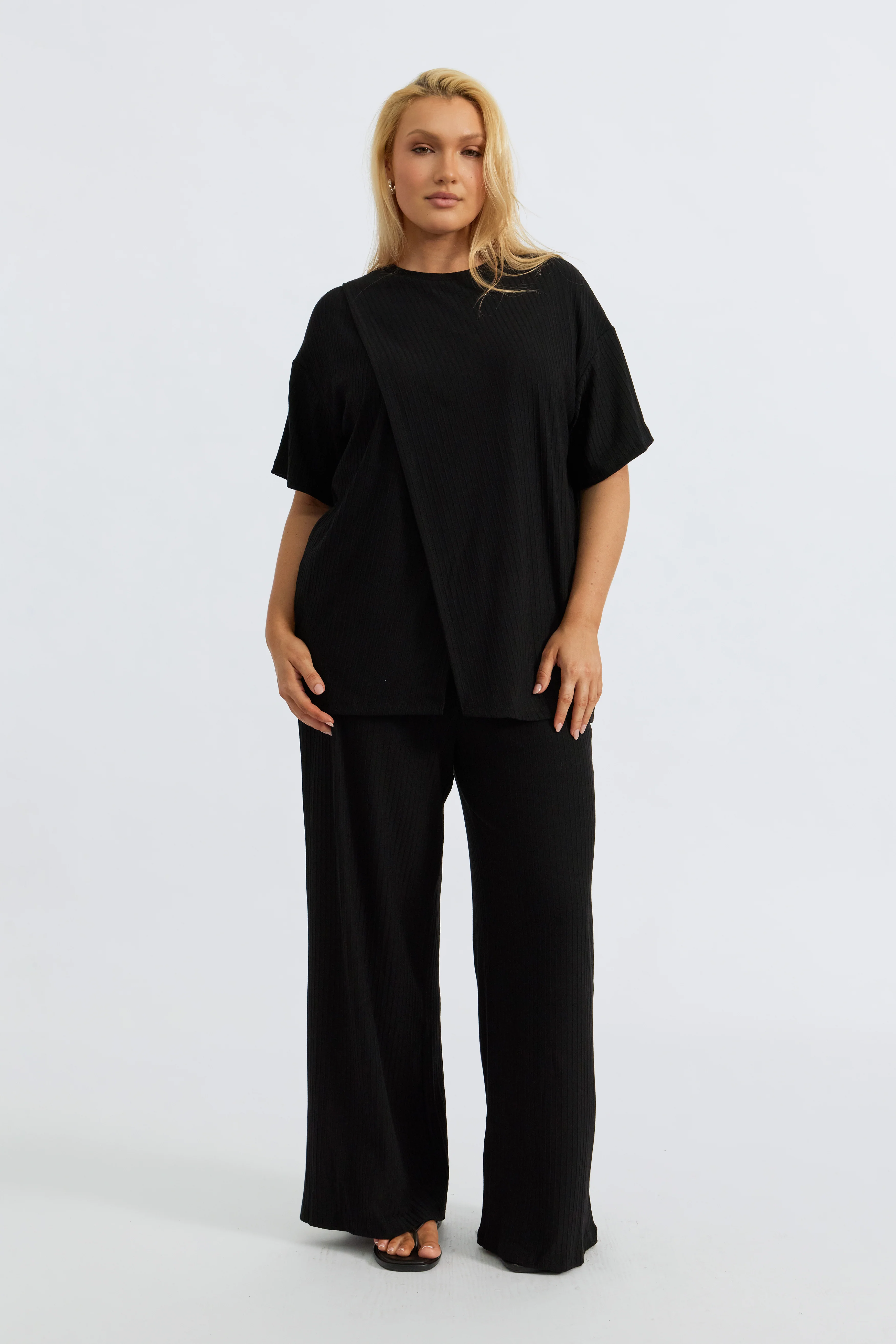 Ivy Ribbed Longline Wrap Tee - Black - Image 6
