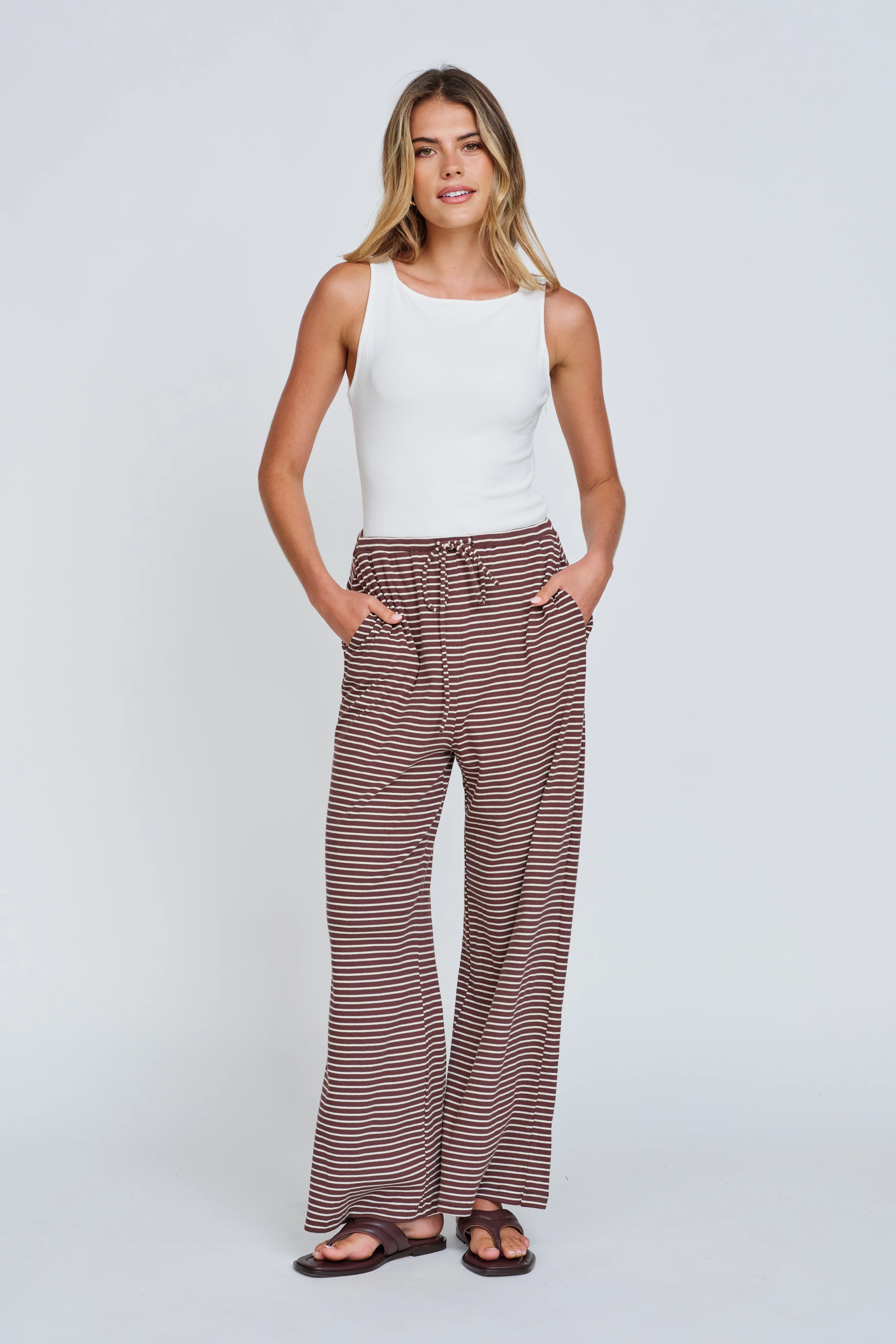 Ivy Stripe Wide Leg Pants - Chocolate / White - Image 6