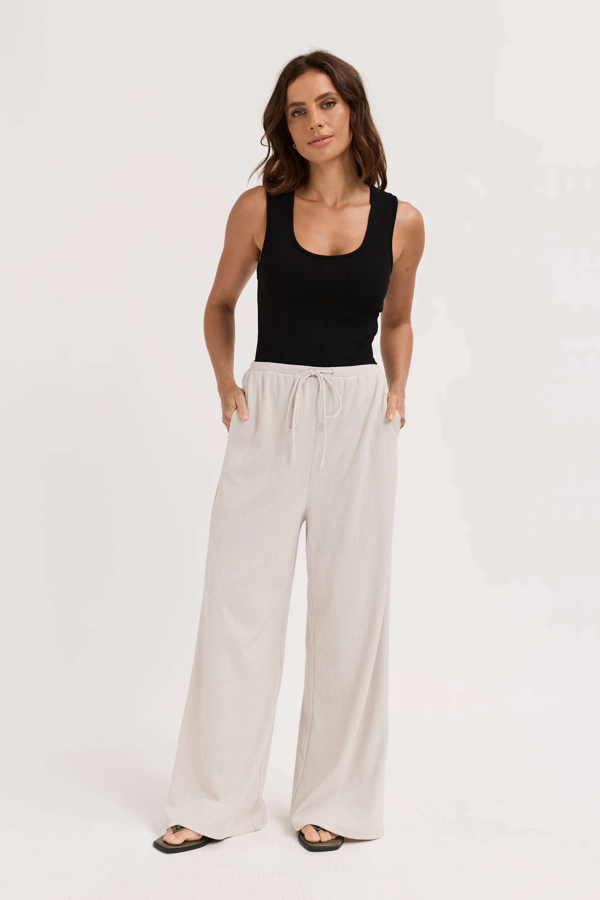 Ivy Waffle Wide Leg Pants - Stone Grey