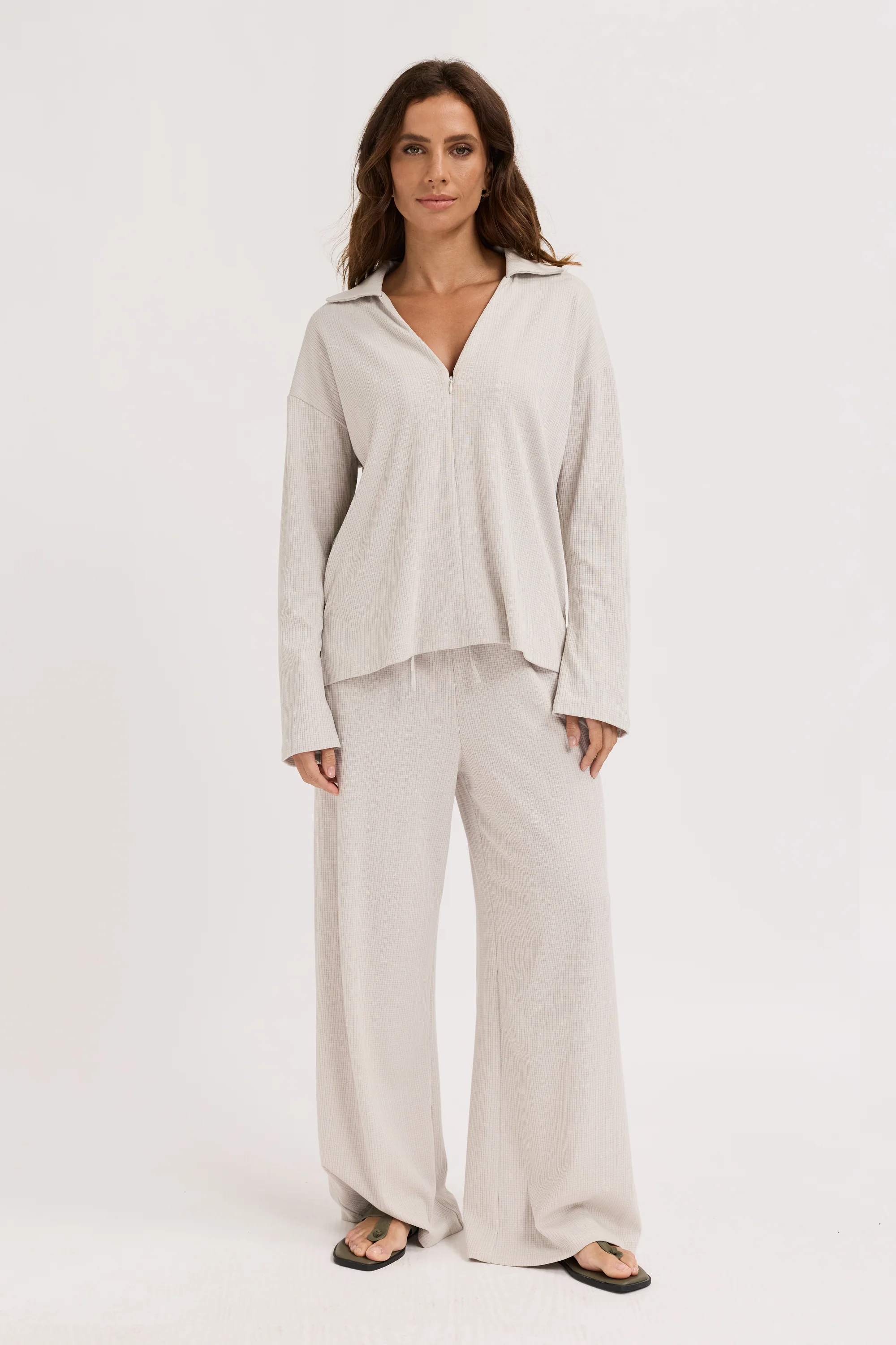 Ivy Waffle Zip-Front Top - Stone Grey