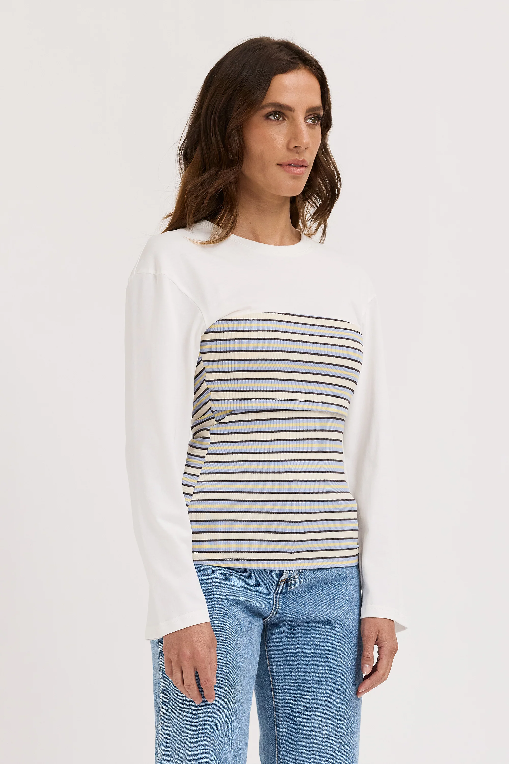 Jo Ribbed Bodice Long Sleeve Top - White / Multi Stripe - Image 4