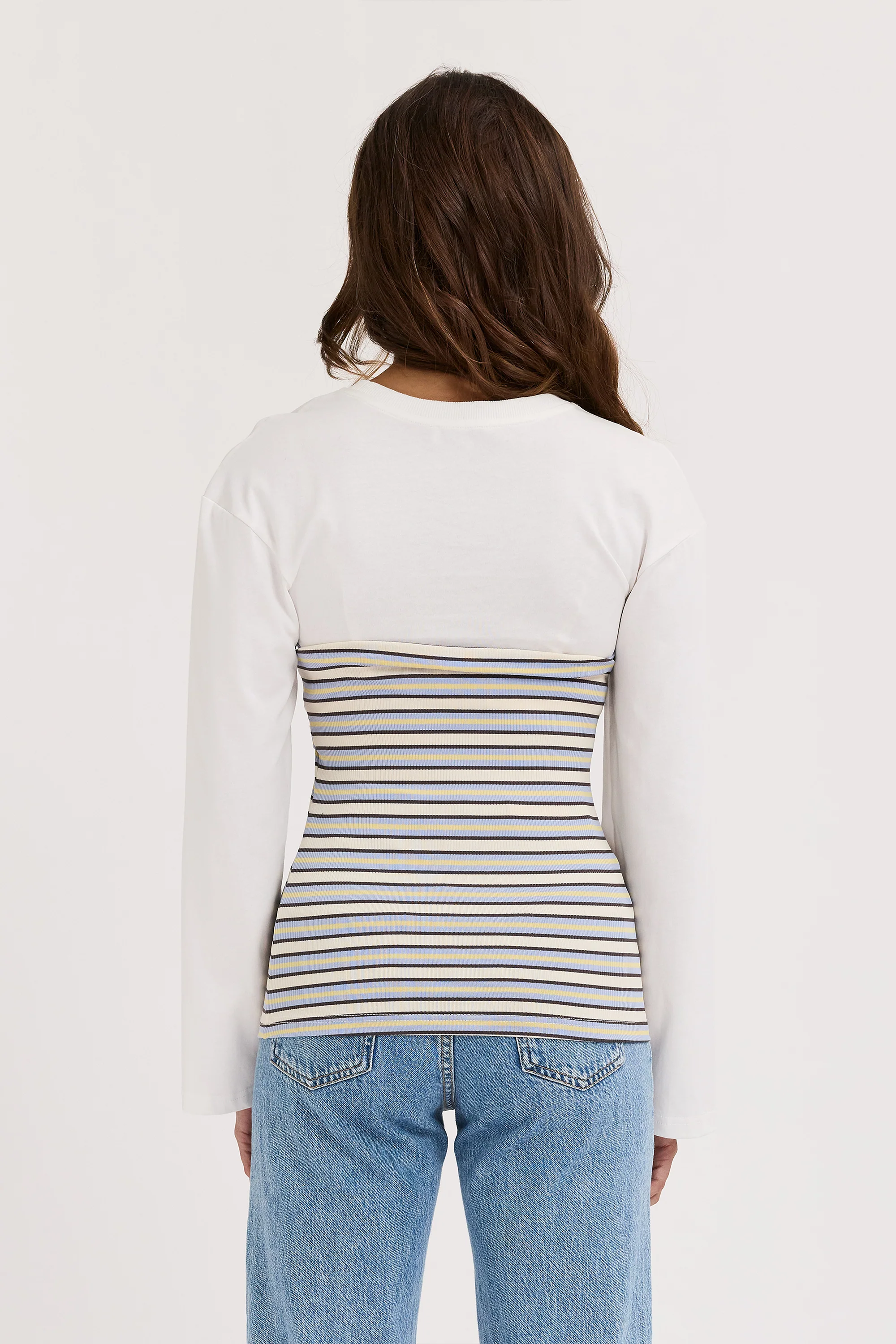 Jo Ribbed Bodice Long Sleeve Top - White / Multi Stripe - Image 5