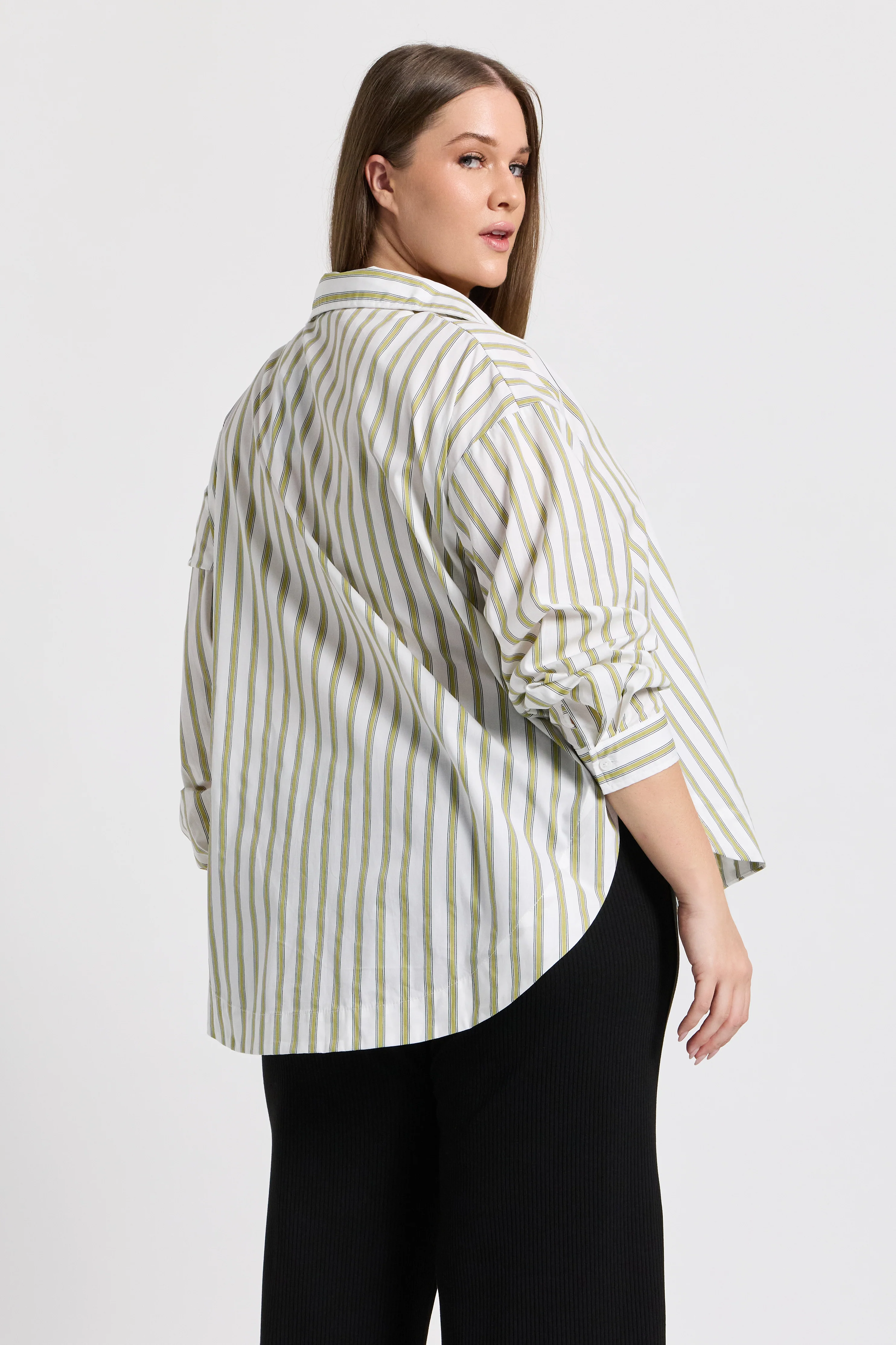 Morgan Stripe Wrap Button-Down Shirt - White / Green - Image 10