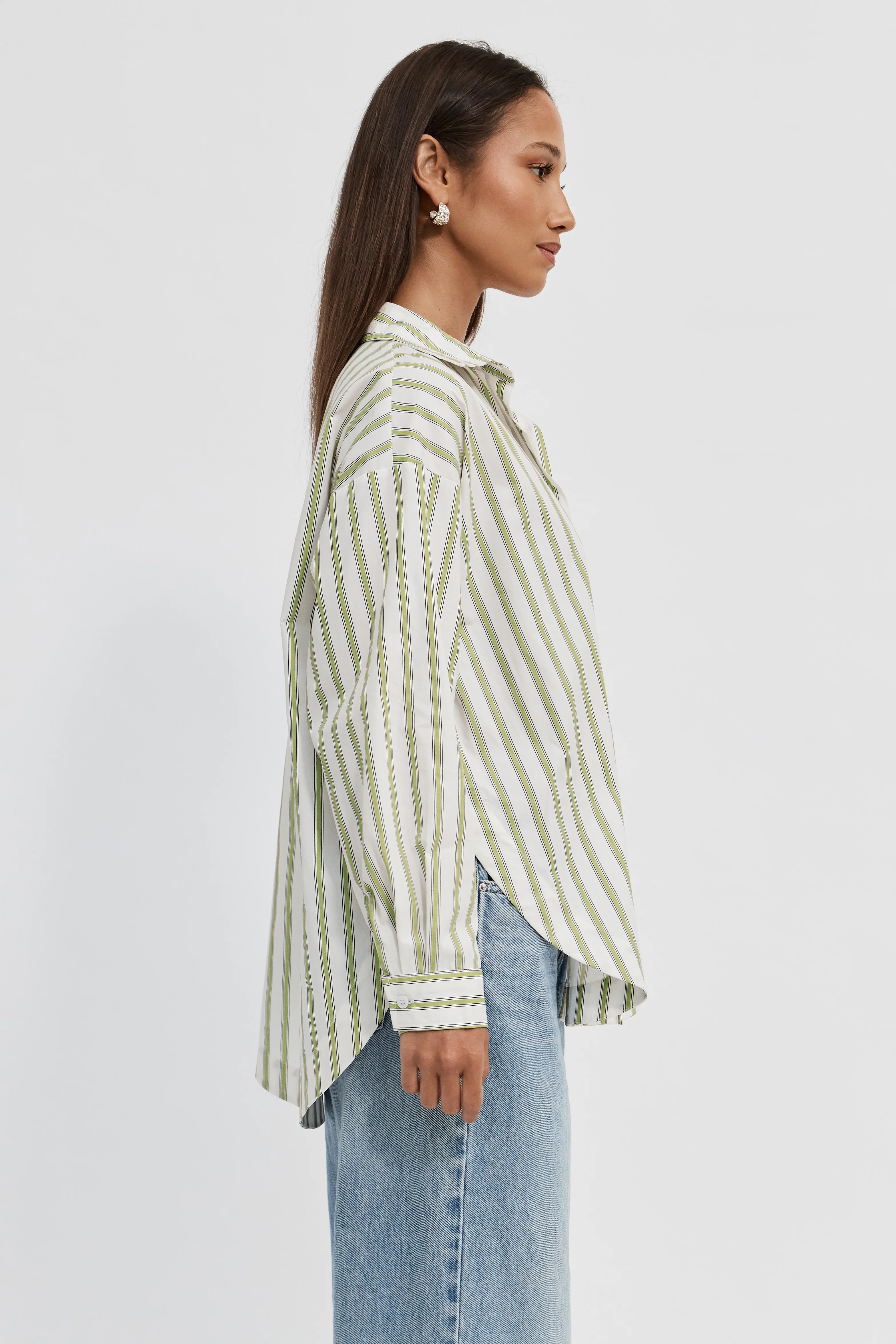 Morgan Stripe Wrap Button-Down Shirt - White / Green - Image 6