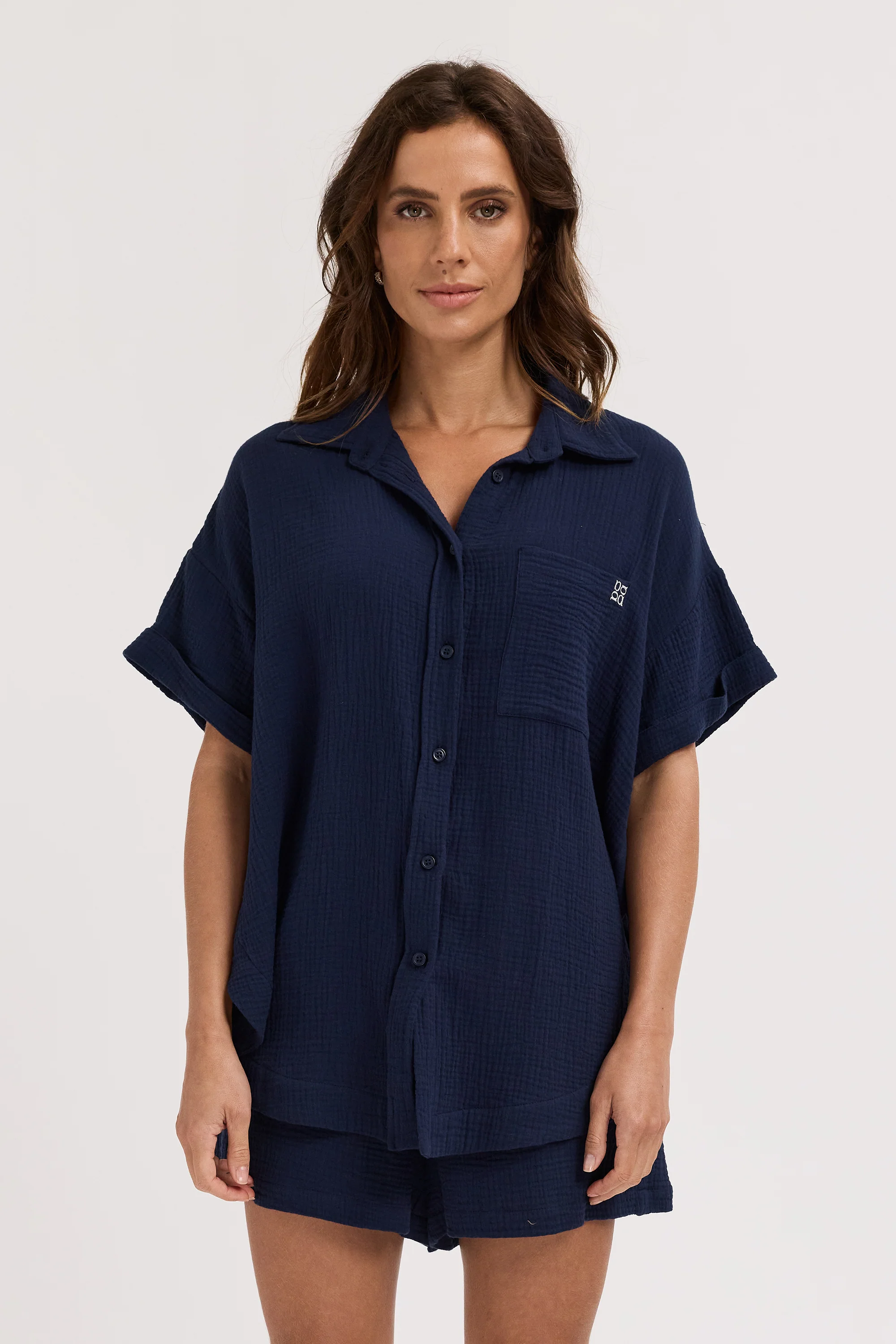Reese Rolled Sleeve Button-Down Shirt - Navy - Image 3
