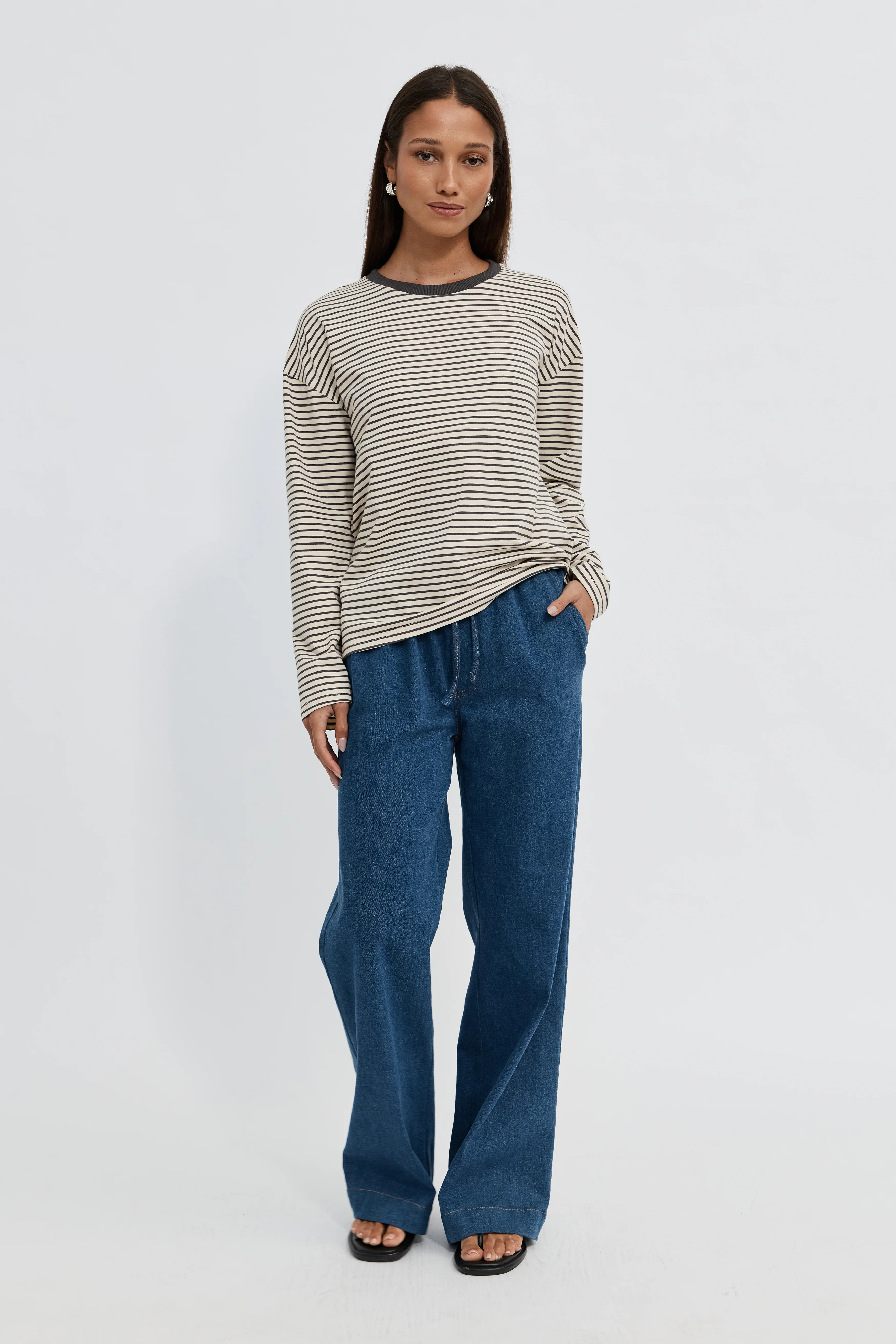 Sita Stripe Long Sleeve Top - Cream / Chocolate