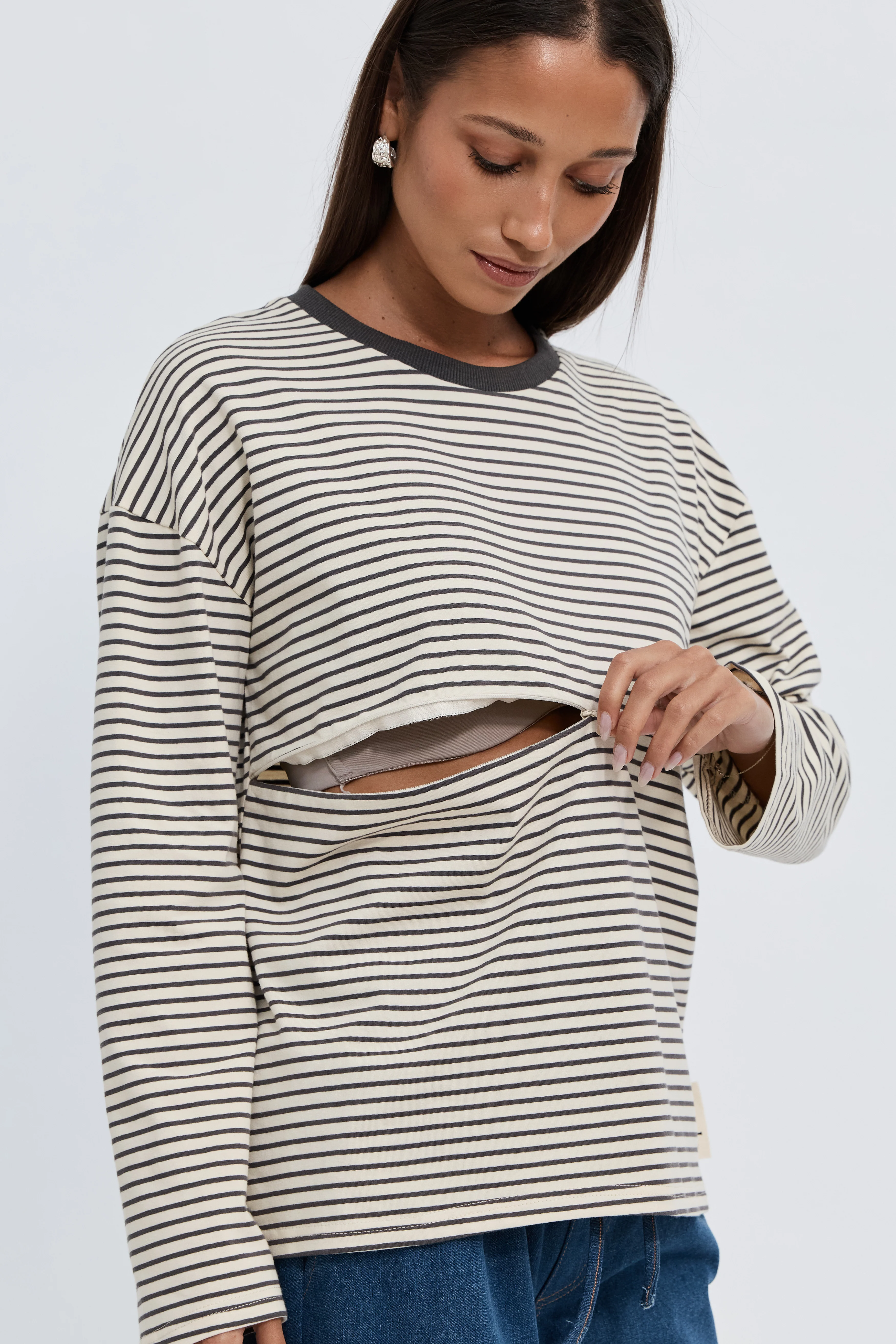 Sita Stripe Long Sleeve Top - Cream / Chocolate - Image 2